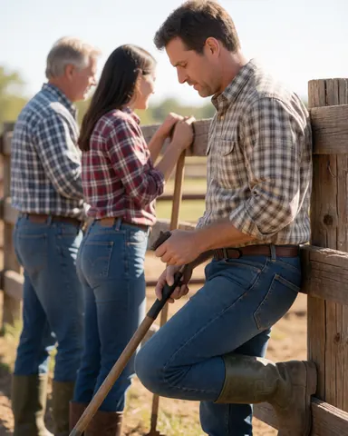 Homme tenant une pelle devant une clôture en bois dans un champ rural ensoleillé, évoquant une équipe de travail sur un ranch.