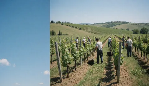 Des ouvagers entretiennent les vignes dans un vignoble toscan avec des montagnes vertes et un ciel bleu, illustrant le travail agricole.
