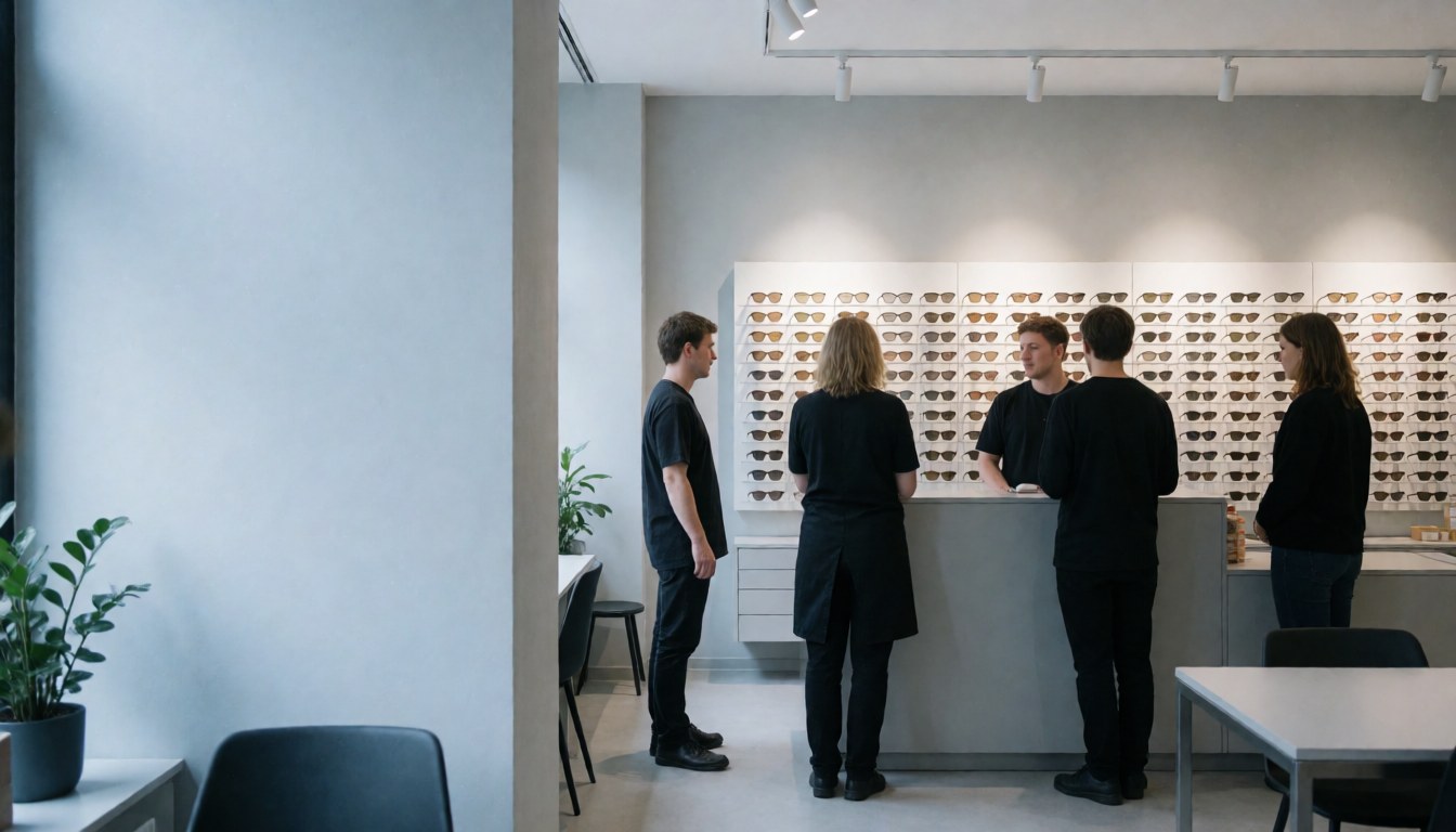 Réception moderne d'optique avec mur de lunettes, tables et personnes, idéale pour la page d'accueil d'un site web.