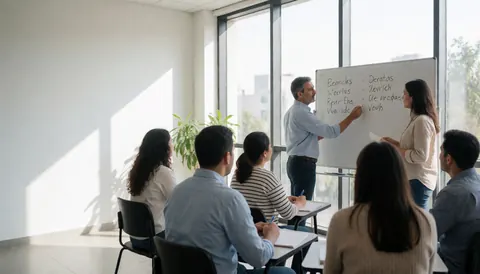 Un professeur écrit des verbes sur un tableau blanc dans une salle de classe. Des étudiants prennent des notes à leurs tables. La lumière naturelle entre par les grandes fenêtres.