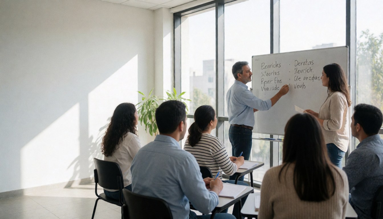 Un professeur écrit des verbes sur un tableau blanc dans une salle de classe. Des étudiants prennent des notes à leurs tables. La lumière naturelle entre par les grandes fenêtres.