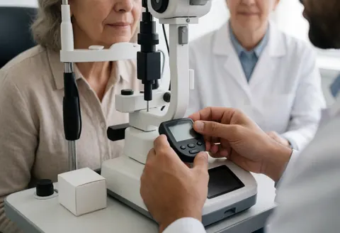 Un technicien en optique ajuste un dispositif numérique pendant qu'une cliente s'assoit pour un examen dans un cabinet bien éclairé.