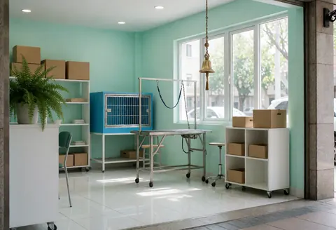 Vue intérieure d'un salon de toilettage pour chiens avec murs menthe, sol blanc, table de toilettage métallique et cage de séchage bleue.