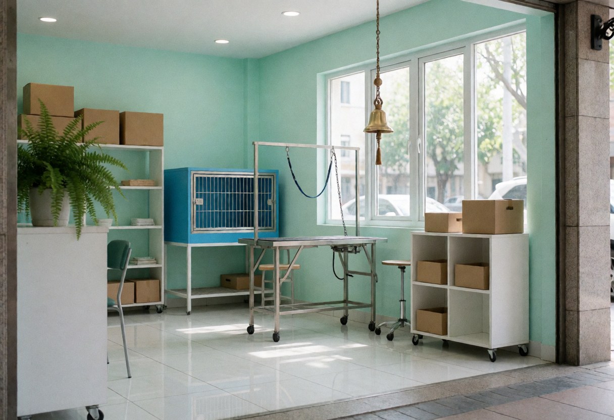 Vue intérieure d'un salon de toilettage pour chiens avec murs menthe, sol blanc, table de toilettage métallique et cage de séchage bleue.