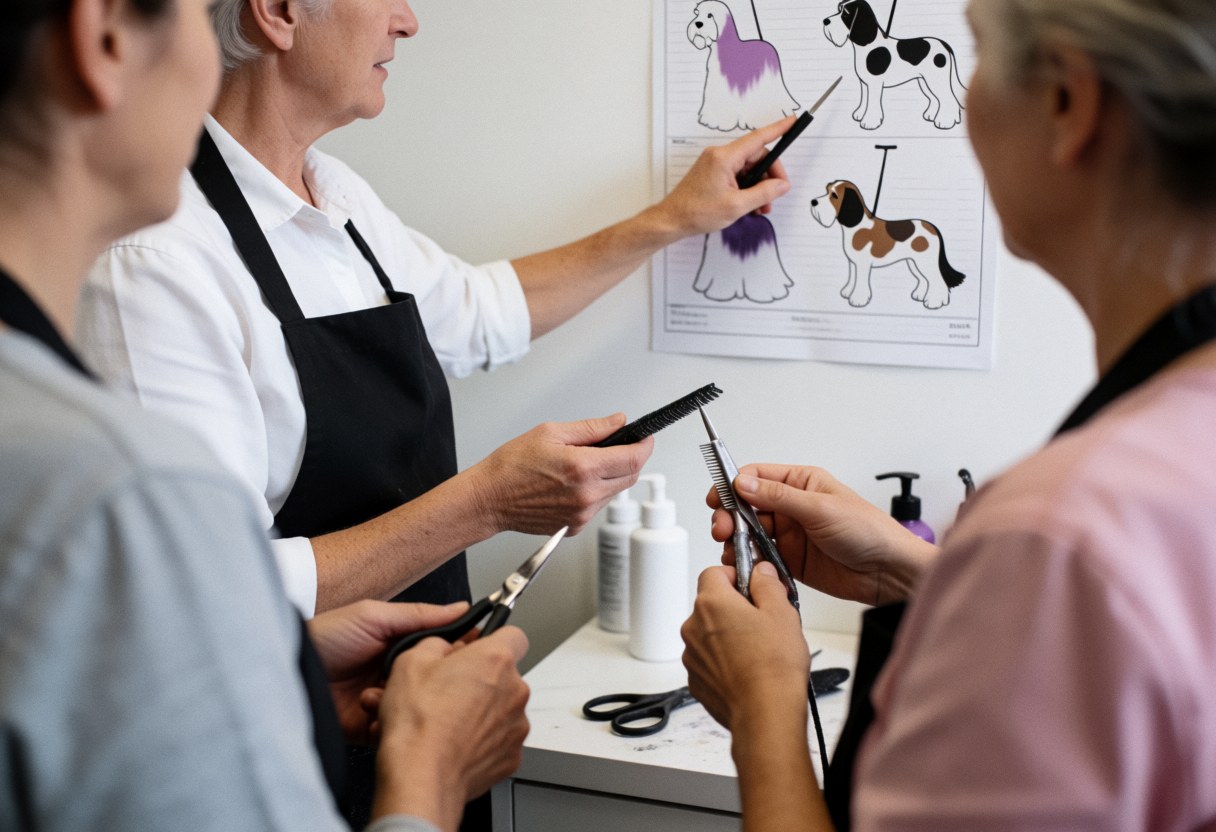 Un groomer montre une technique de toilettage en tenant des outils, entouré de graphiques de chiens, dans un environnement professionnel de salon canin.