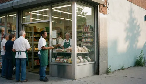 Des clients attendent devant un minimarket avec un vendeur en tablier, des produits sur les étagères et une vitrine.