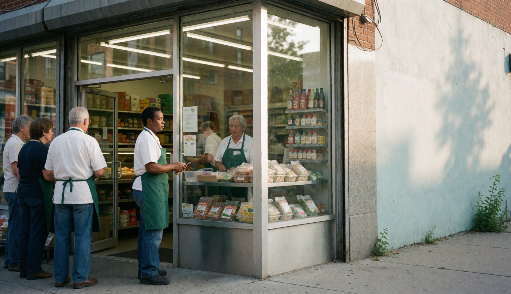 Des clients attendent devant un minimarket avec un vendeur en tablier, des produits sur les étagères et une vitrine.