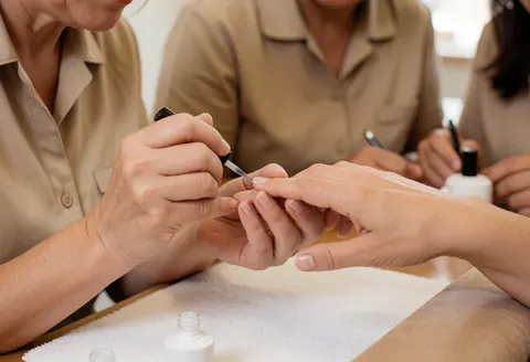 Manucier appliquant un vernis transparent sur les ongles d'une cliente dans un salon de beauté, avec pinceau et bouteille.
