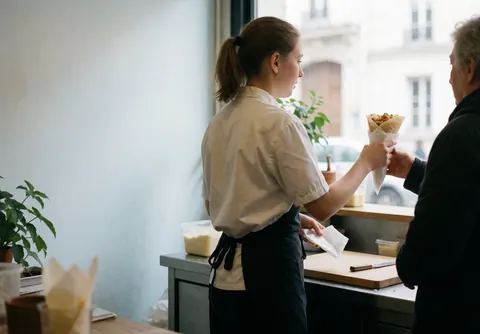 Une vendeuse remet de la nourriture à un client dans un établissement éclairé par la lumière naturelle, illustrant le service en cours.