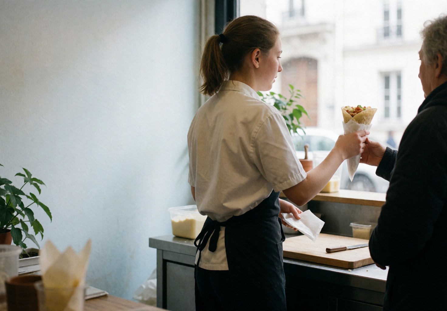 Une vendeuse remet de la nourriture à un client dans un établissement éclairé par la lumière naturelle, illustrant le service en cours.