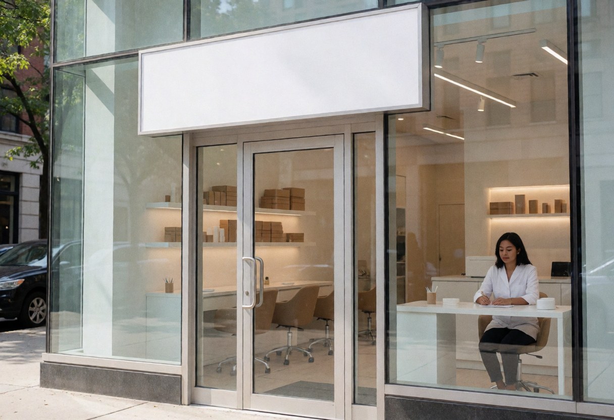 Façade moderne d'un salon de beauté avec entrée en verre et personne travaillant à une table blanche.