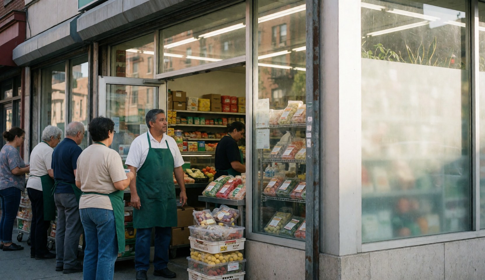 Intérieur d'un minimarket avec des clients sélectionnant des produits frais sur les étagères, tandis que le personnel les accompagne pour faciliter leur expérience d'achat.