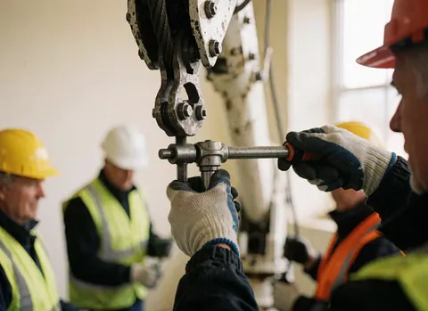 Mains gantées serrant un boulon sur le câble d'une grue, travailleurs en casques et gilets de sécurité dans un atelier industriel.