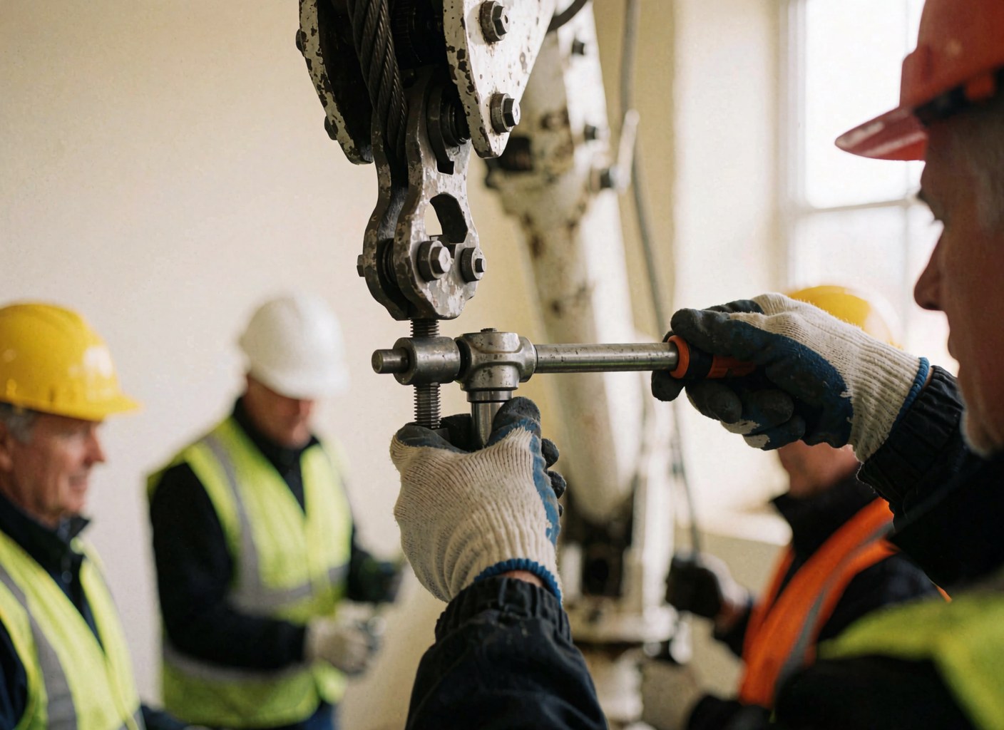 Mains gantées serrant un boulon sur le câble d'une grue, travailleurs en casques et gilets de sécurité dans un atelier industriel.