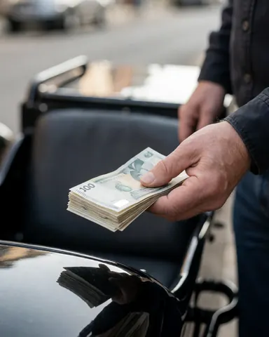 Plan rapproché d'une main tenant des billets de cent euros, reflété sur le réservoir d'une moto-taxi, illustrant une transaction en cours dans la rue.