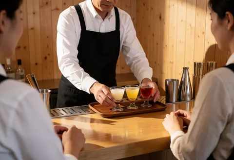 Un bartender transporte trois cocktails sur un plateau en bois dans un bar à l'ambiance chaleureuse, illustrant un service en action.