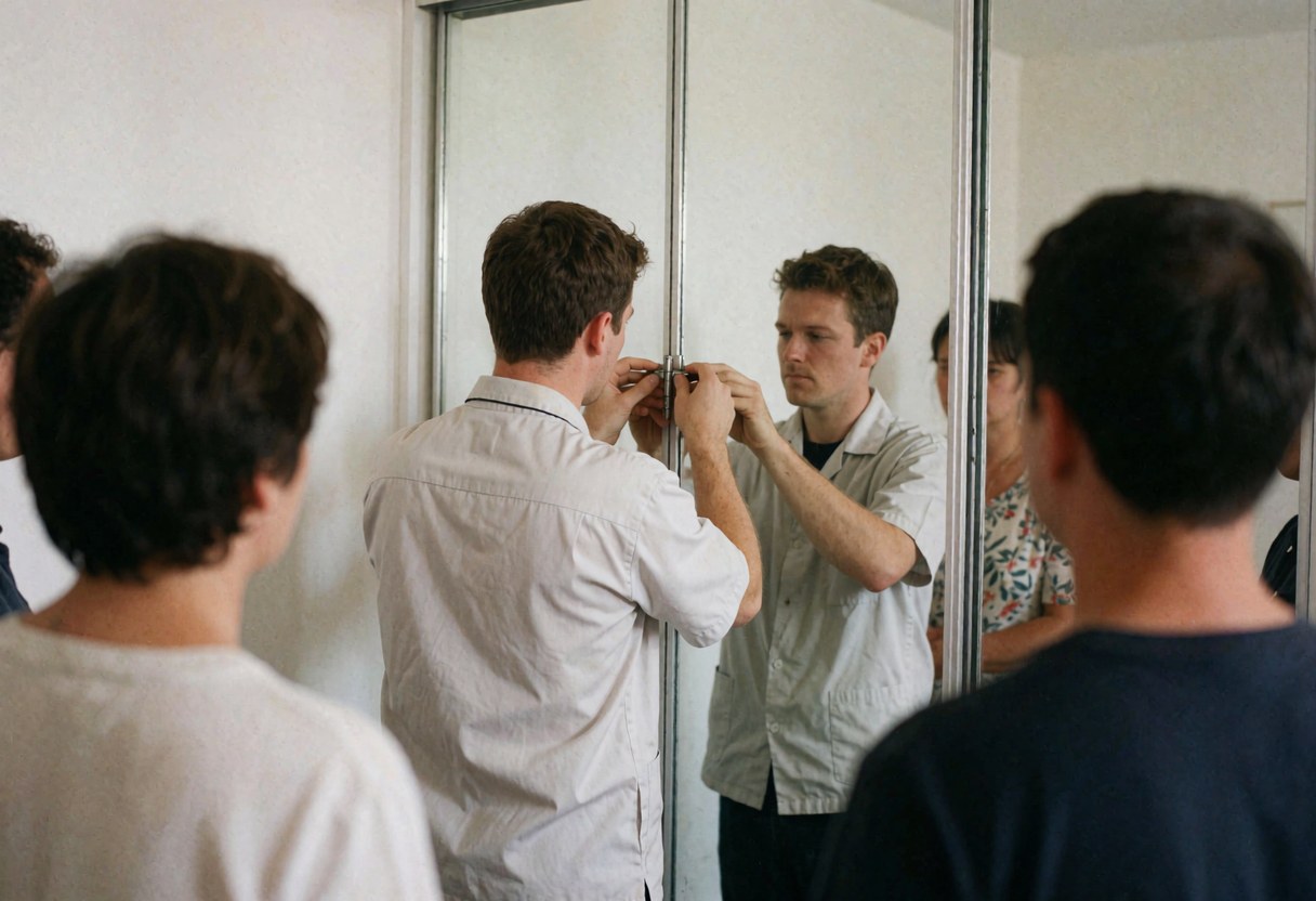 Un technicien ajuste une porte en miroir avec un outil dans un atelier de montage de meubles, tandis que plusieurs personnes observent le travail.