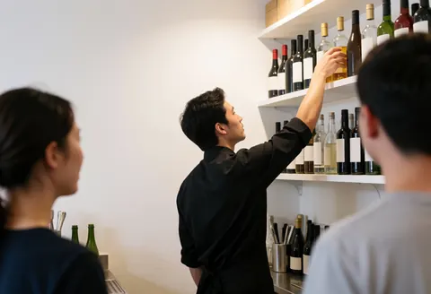 Un bartender en uniforme noir prend une bouteille de vin sur une étagère blanche tandis que des clients observent le service au bar.