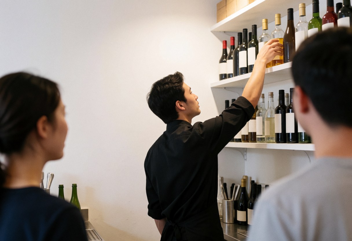 Un bartender en uniforme noir prend une bouteille de vin sur une étagère blanche tandis que des clients observent le service au bar.