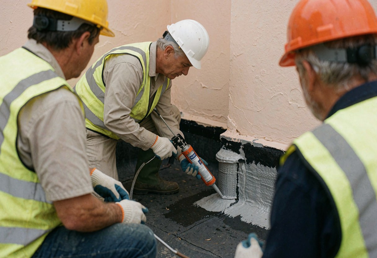 Trois ouvriers en tenue de sécurité appliquent du mastic sur une conduite installée sur un toit plat aux parois claires, lors d'une intervention de maintenance.