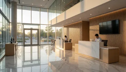 Réception de bureau moderne avec tables en marbre, murs en bois et lumière naturelle entrant par des fenêtres en verre.