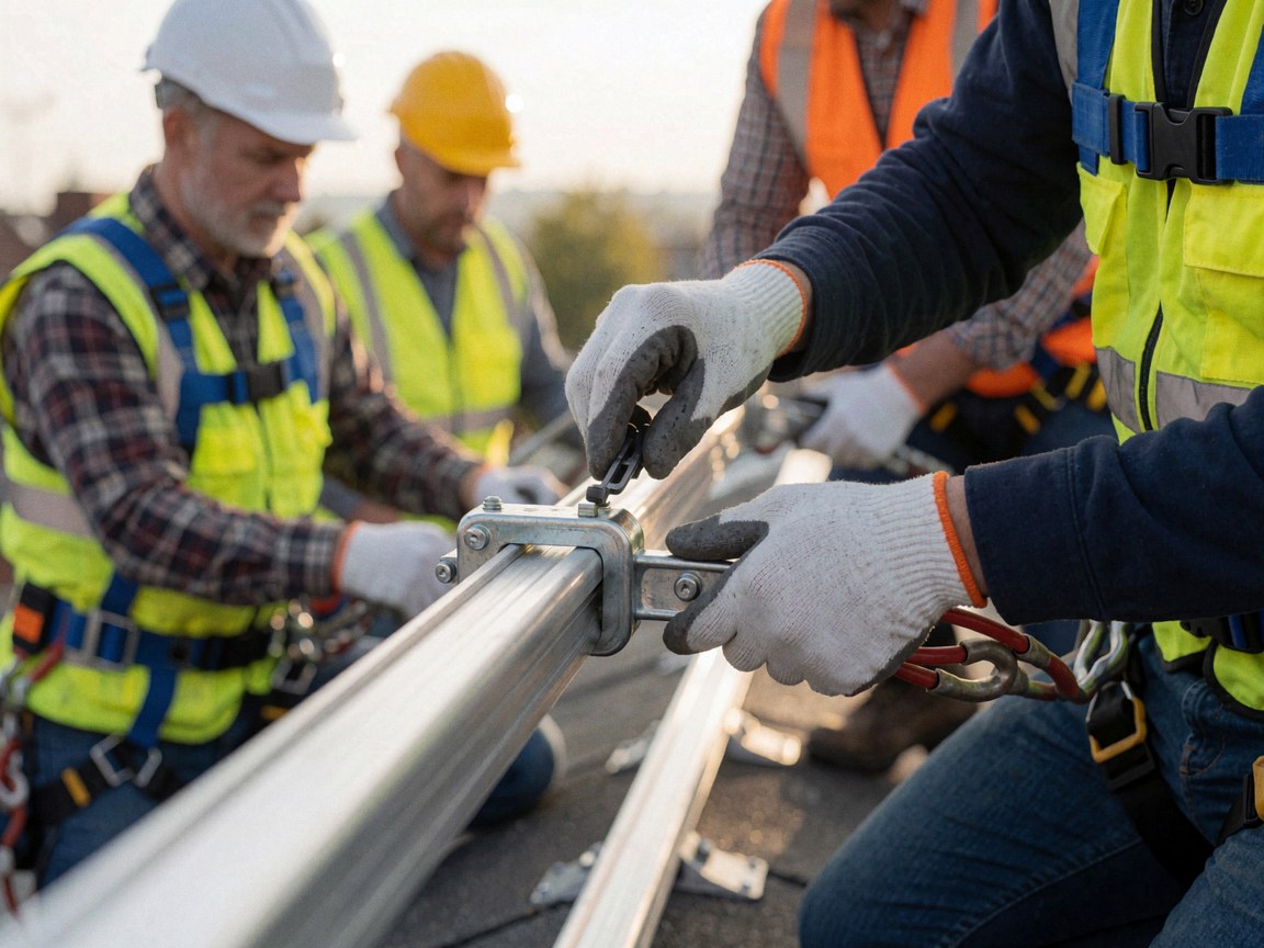 Un technicien ajuste un connecteur métallique sur un rail solaire installé sur un toit, avec d'autres ouvriers et équipements de sécurité visibles.