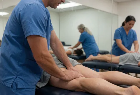 Un thérapeute en bleu exerce une pression sur la jambe d'un client allongé sur une table dans un salon aux murs blancs et aux miroirs.
