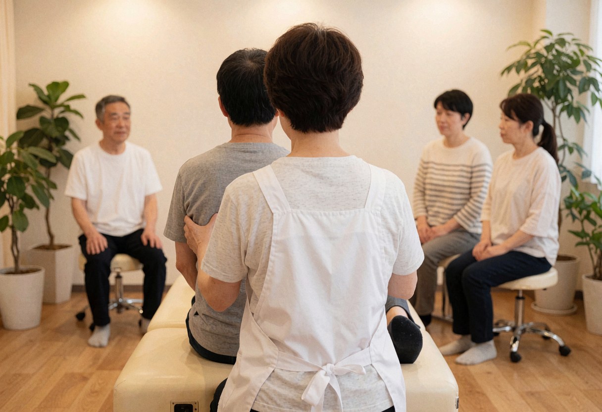 Thérapeute en quiromassage en tablier blanc effectuant un soin sur un client assis sur une table de massage dans un cabinet lumineux et végétalisé.
