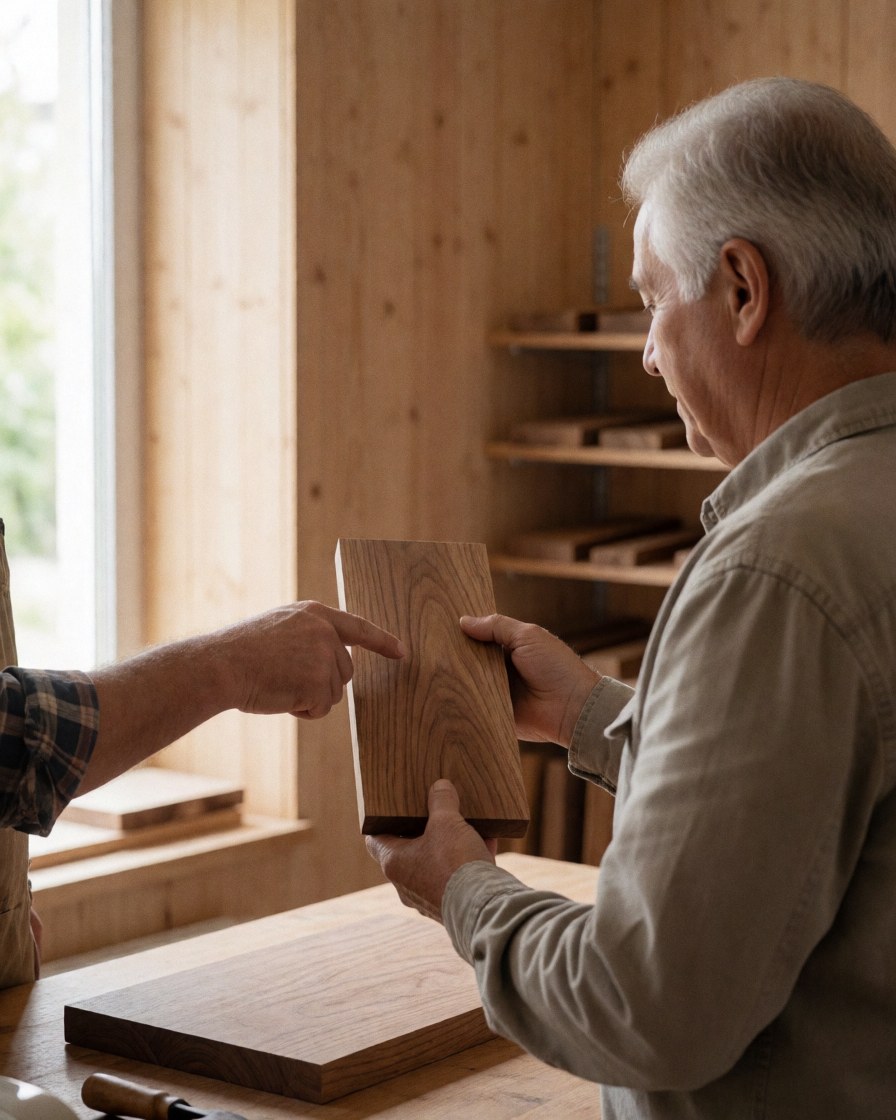 Une cliente tient un échantillon de bois pendant qu'un artisan montre le fil du bois dans un atelier de menuiserie avec des murs en bois et une lumière naturelle.