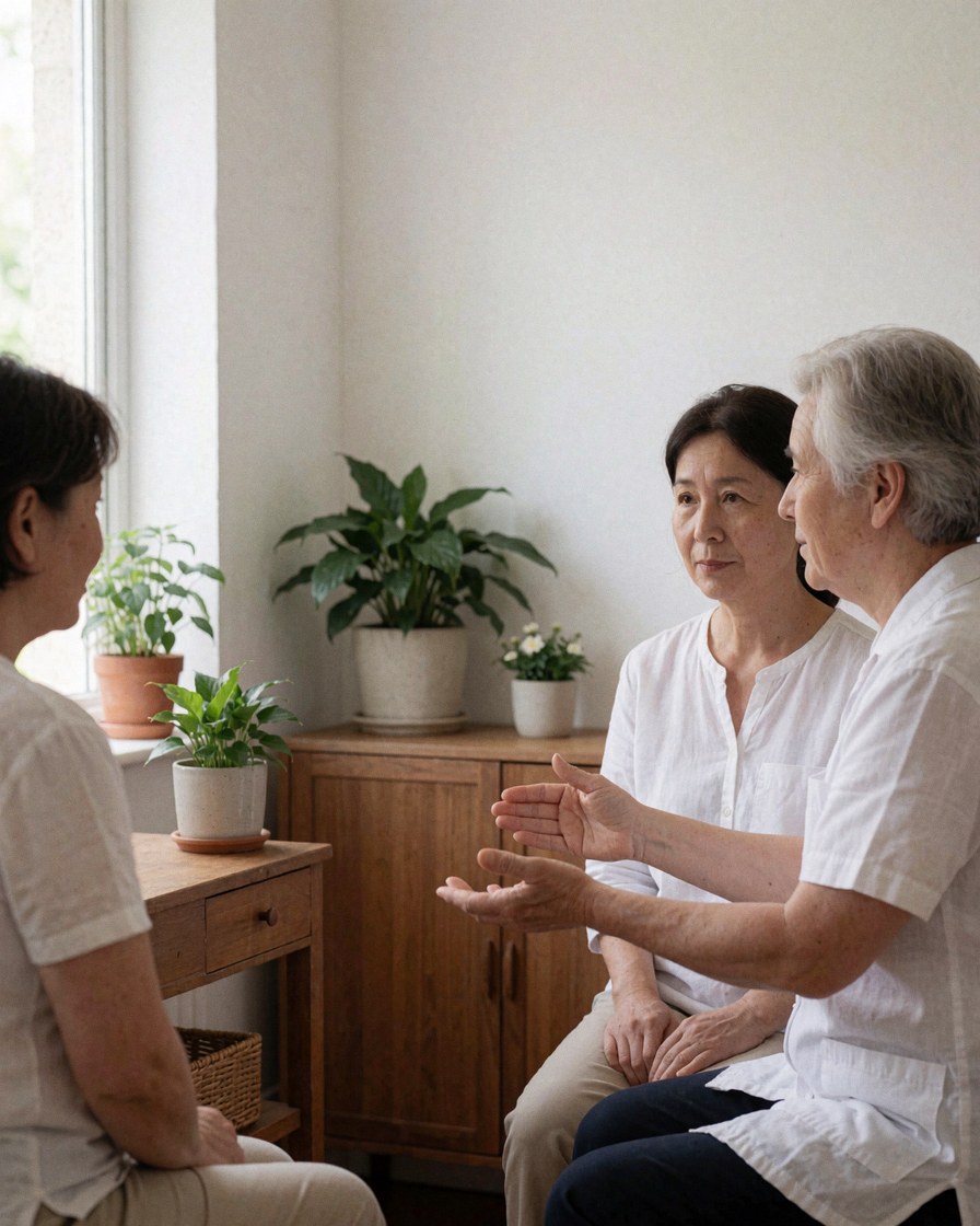 Trois personnes assises dans un cabinet aux murs blancs et meubles en bois, évoquant une séance d'acupuncture et de bien-être.