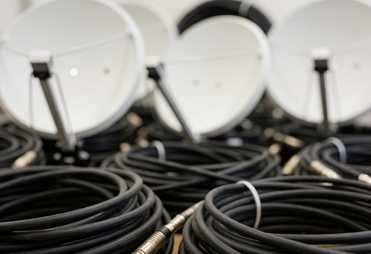 Des antennes paraboliques blanches et des câbles coaxiaux enroulés dans un entrepôt, illustrant les équipements pour l'installation d'antennes.