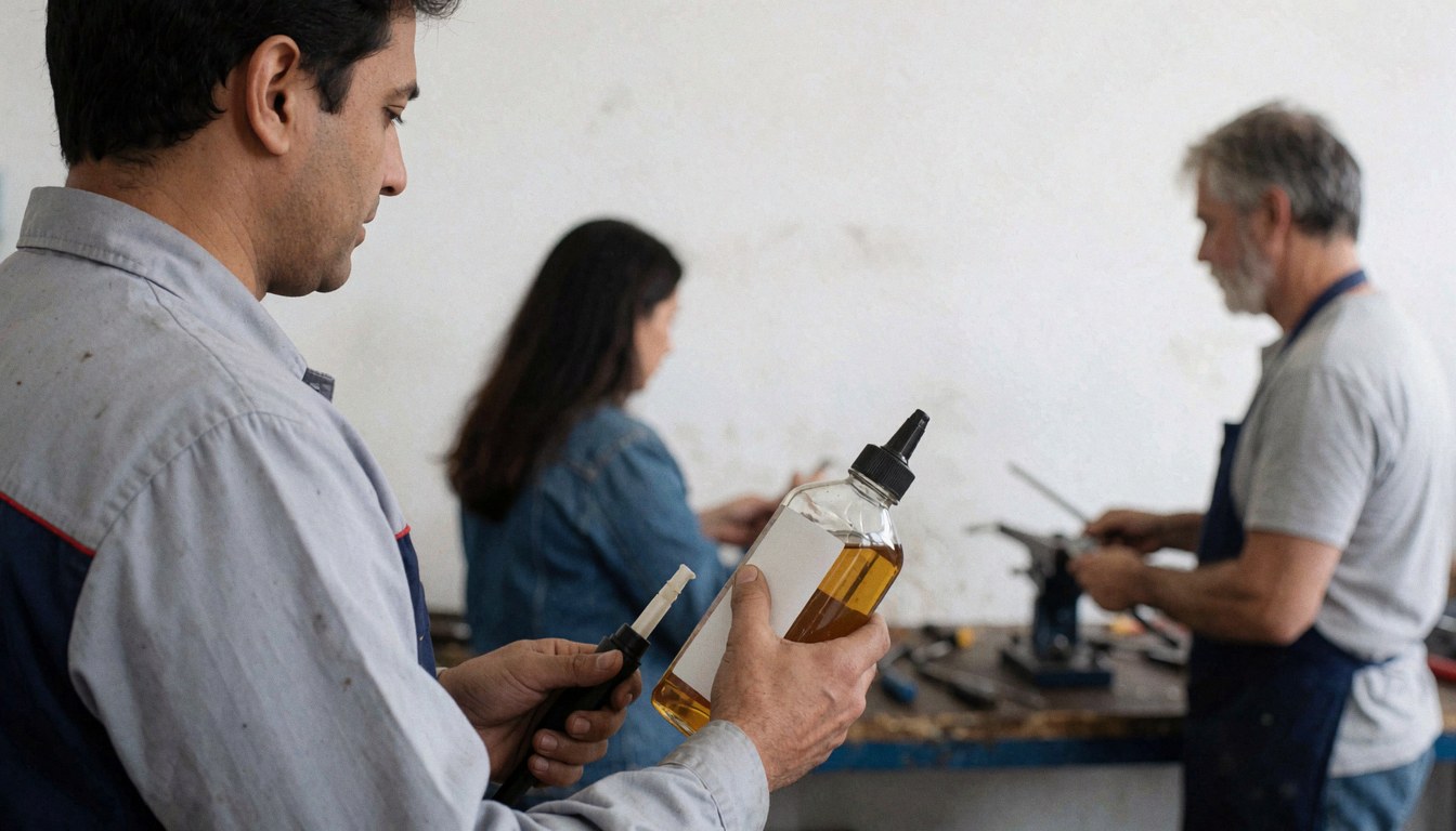 Un technicien en atelier applique de l'huile d'affûtage sur un outil, avec d'autres travailleurs en arrière-plan.