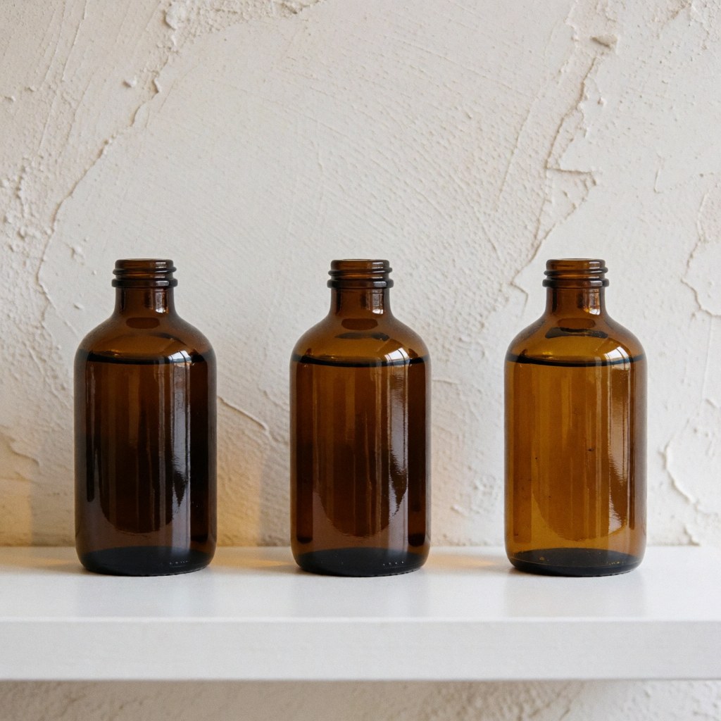 Trois bouteilles en verre marron contenant de l'huile de massage cervical posées sur une étagère blanche devant un mur texturé avec une lumière naturelle.