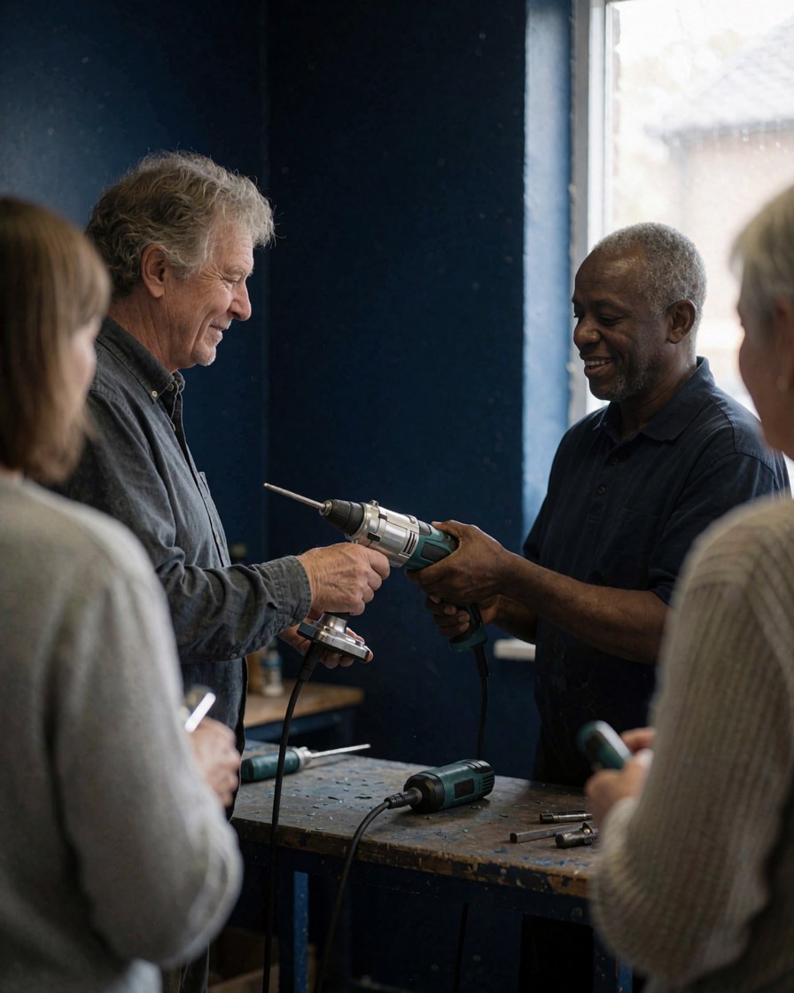 Un client souriant reçoit un outil électrique propre et brillant dans un atelier de réparation aux murs bleus, illustrant un service de maintenance efficace.