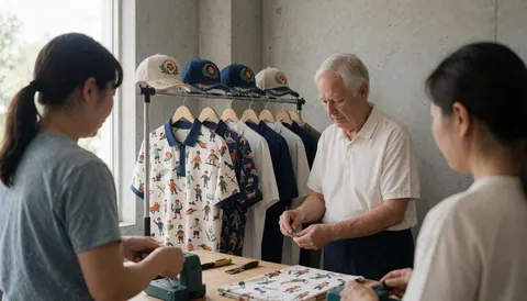 Trois personnes travaillant à la broderie de chemises et casquettes dans un atelier de vêtements personnalisés éclairé par la lumière naturelle.