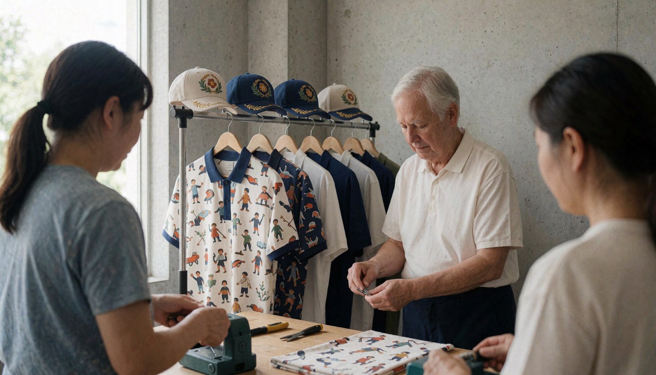 Trois personnes travaillant à la broderie de chemises et casquettes dans un atelier de vêtements personnalisés éclairé par la lumière naturelle.