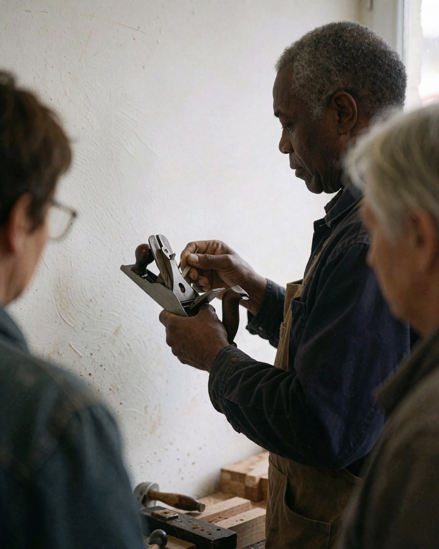 Un menuisier teste un outil en bois dans son atelier. Des clients observent la prestation de service de réparation.