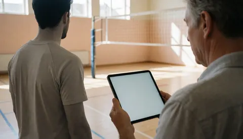 Un entraîneur de volley-ball examine la technique d'un joueur à l'aide d'une tablette sur un terrain de volley-ball intérieur avec un sol en bois.