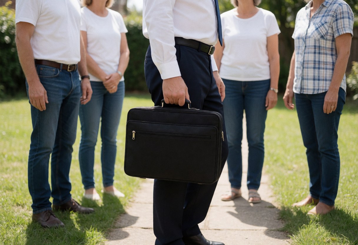 Un agent de sécurité marche sur un sentier avec une valise tandis que des clients observent depuis le jardin, illustrant un service en action.