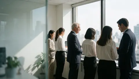 Équipe de professionnels travaillant sur des ordinateurs et discutant dans un bureau moderne avec vue sur la ville, dans un environnement de travail collaboratif et lumineux.