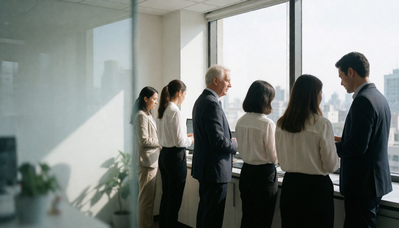 Équipe de professionnels travaillant sur des ordinateurs et discutant dans un bureau moderne avec vue sur la ville, dans un environnement de travail collaboratif et lumineux.