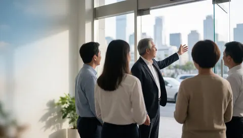 Un groupe de professionnels observe le paysage urbain depuis un bâtiment moderne aux grandes fenêtres, évoquant une scène de travail en équipe.