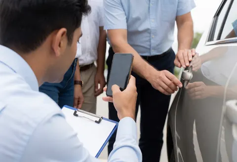 Un expert en assurance prend en photo les dommages sur la portière d'une voiture avec son téléphone, tandis qu'un homme ouvre la porte dans un parking extérieur.