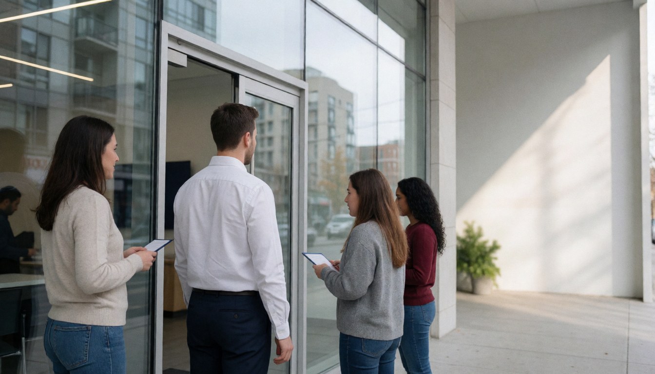 Quatre individus tenant des tablettes devant l'entrée vitrée d'un immeuble moderne, avec des reflets de rue et des lumières au plafond.