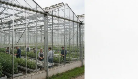 Des employés entretiennent des cultures en rangées dans un grand espace agricole couvert par une charpente métallique, sous un ciel nuageux.