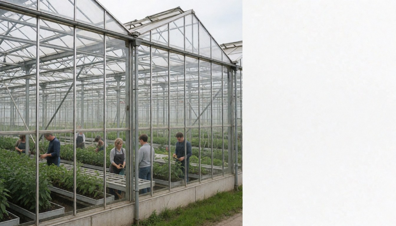 Des employés entretiennent des cultures en rangées dans un grand espace agricole couvert par une charpente métallique, sous un ciel nuageux.