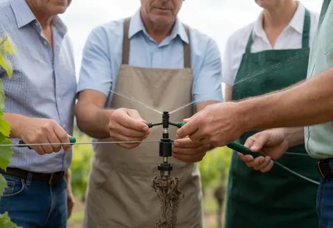 Des mains d'agriculteurs règlent un système d'irrigation dans un vignoble, avec de l'eau qui jaillit et des vignes en arrière-plan, illustrant le service de maintenance.
