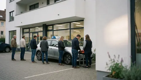 Clients attendant en file devant un véhicule d'entraînement dans une auto-école moderne avec un bâtiment blanc et de grandes fenêtres