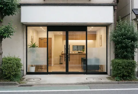 Façade d'auto-école avec entrée en verre, intérieur lumineux, meubles modernes, plantes décoratives et façade propre.
