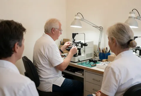 Technicien en optique ajustant des verres avec précision sur une machine, entouré d'outils et de verres en cours de traitement dans un atelier bien éclairé.